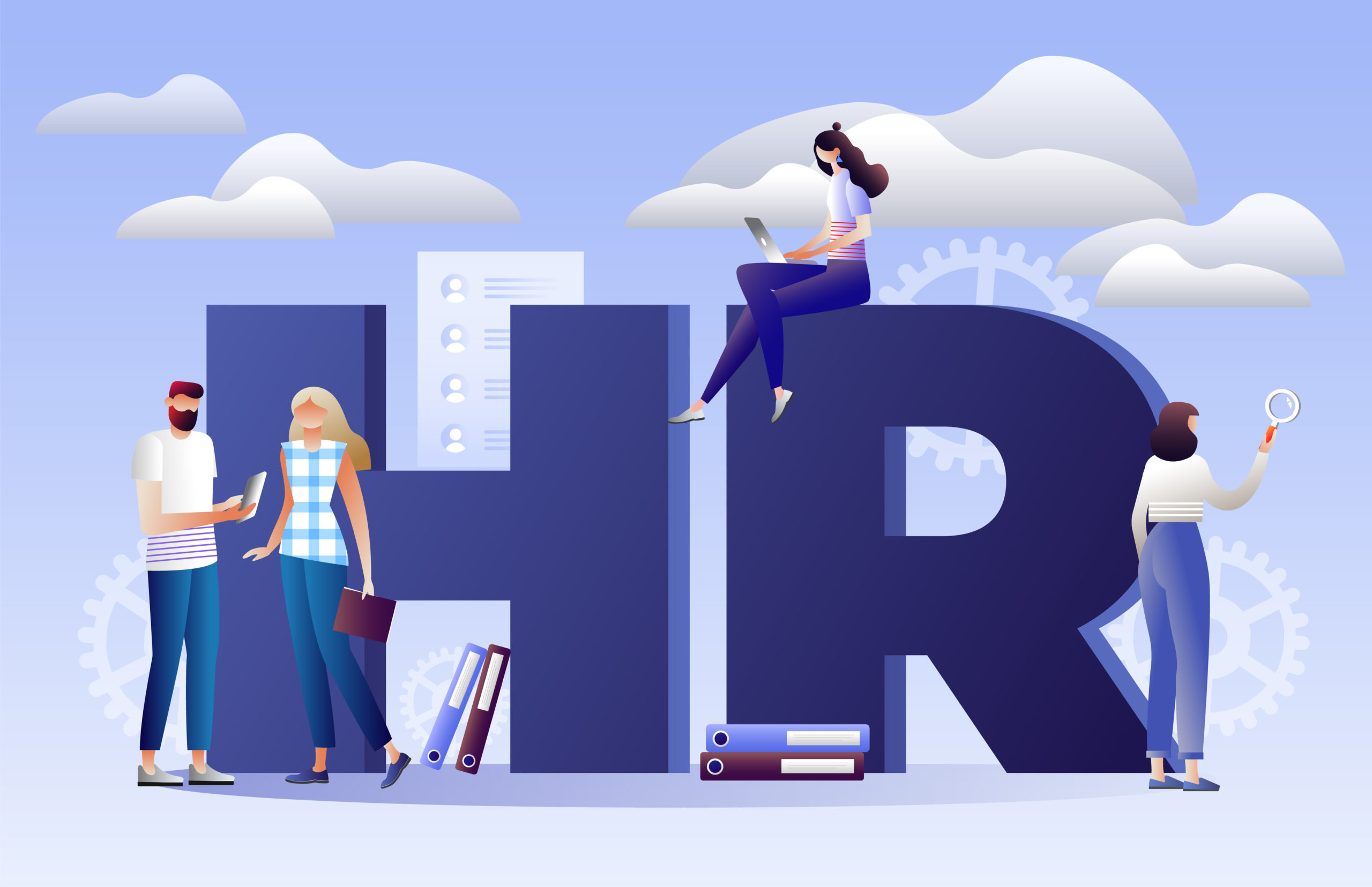 Personalakten digitalisieren. docu-fix.de. Grafik mit den Buchstaben "HR", drei Frauen und einem Mann bei der Arbeit und auf der Suche nach Akten.