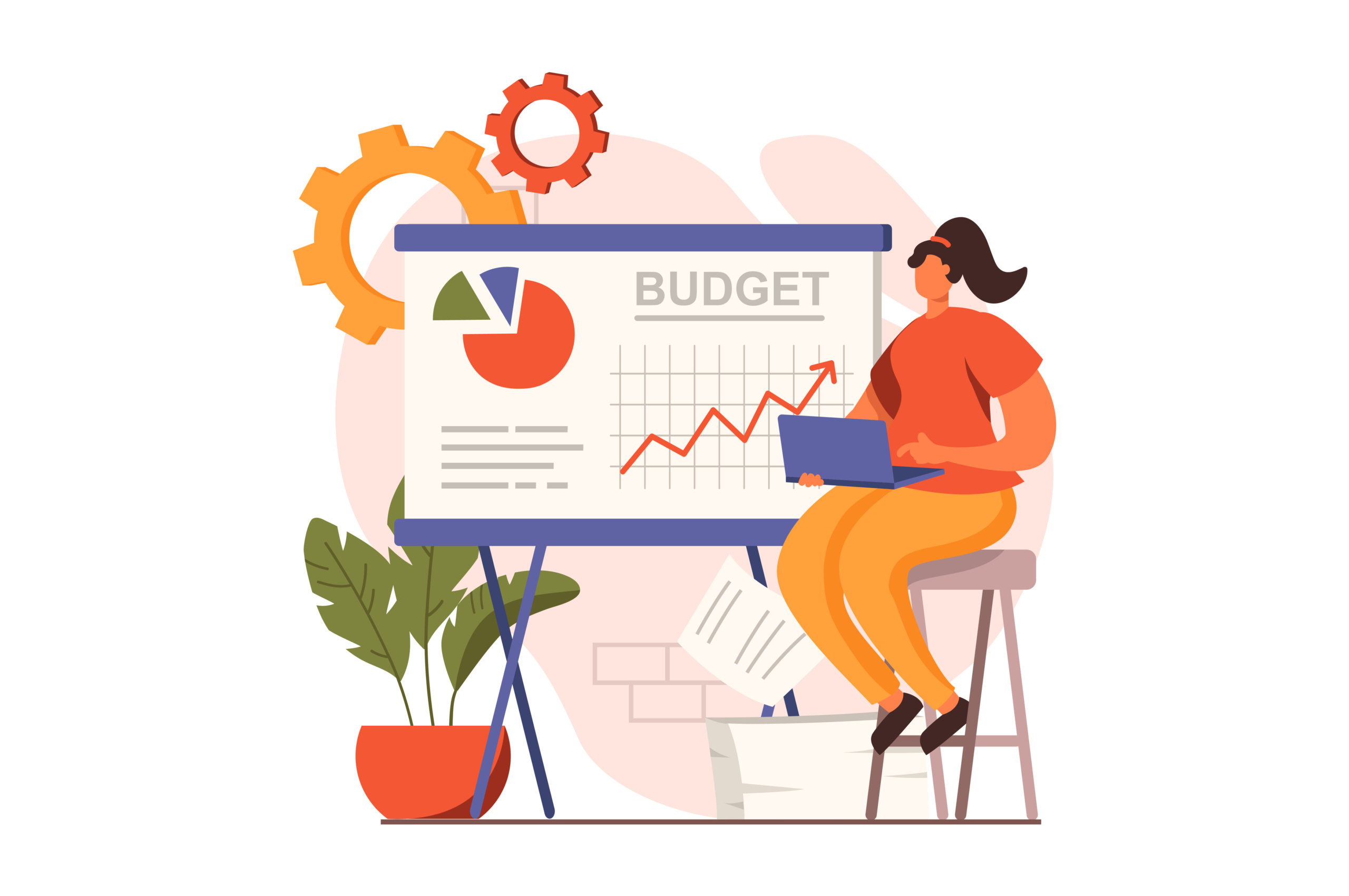IT-Budgets. docu-fix.de Grafik: Frau mit Notebook sitzt vor einem Whiteboard mit steigender Budgetkurve und Tortengrafik in einem Büro
